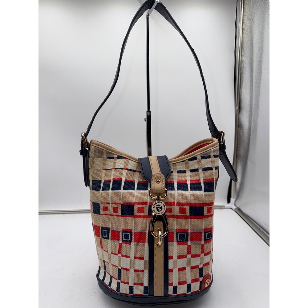 Spartina 449 Daufuskie Island Plaid Canvas Leather Shoulder Bag Navy Red Cream